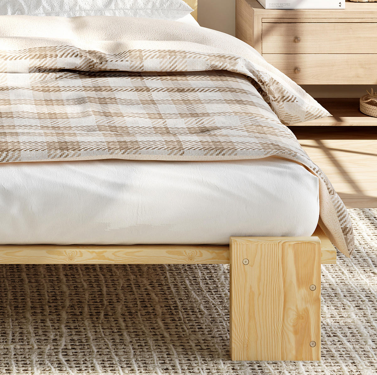 ČALÚNENÁ posteľ z dreva a látky 140x200 cm prírodná s polstrovaným čelom, pevnými lamelovými roštami a stabilnou konštrukciou - prírodná farba, textil (140/200cm) - Modfu