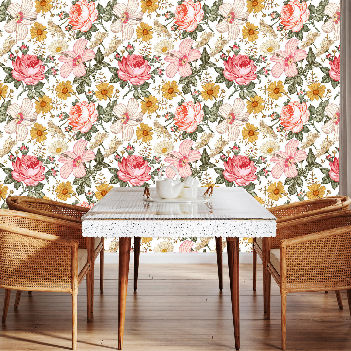 VLIESTAPETE Tropische Rosen und Blätter – Rosa, Grün, Weiß – 50x1000 cm - Rosa/Weiß, Papier (50/1000cm) - Muralo