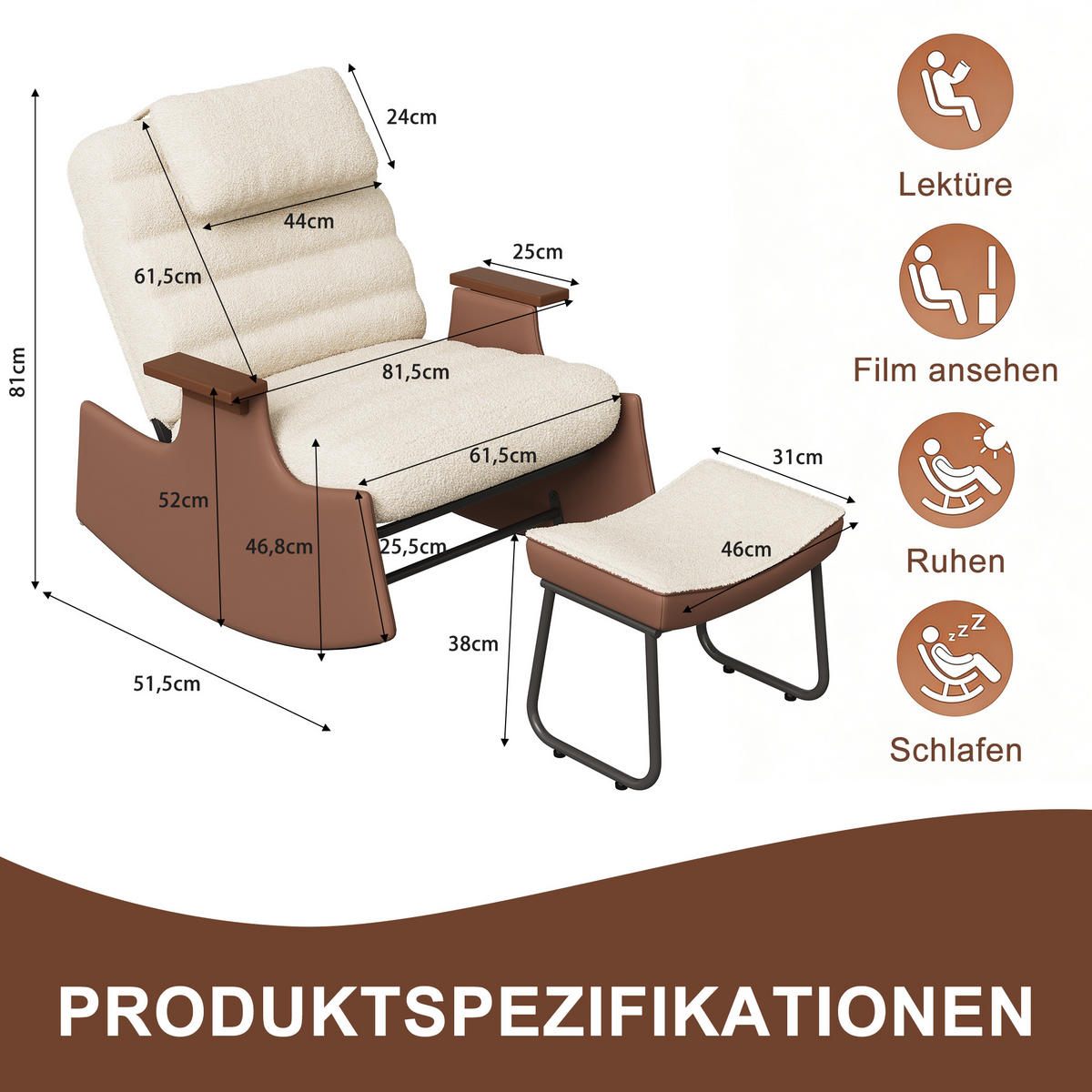 SCHAUKELSTUHL 3-stufig verstellbar Nackenstütze - Beige, Holz (51.5/81/81.5cm) - SHOPENTRA