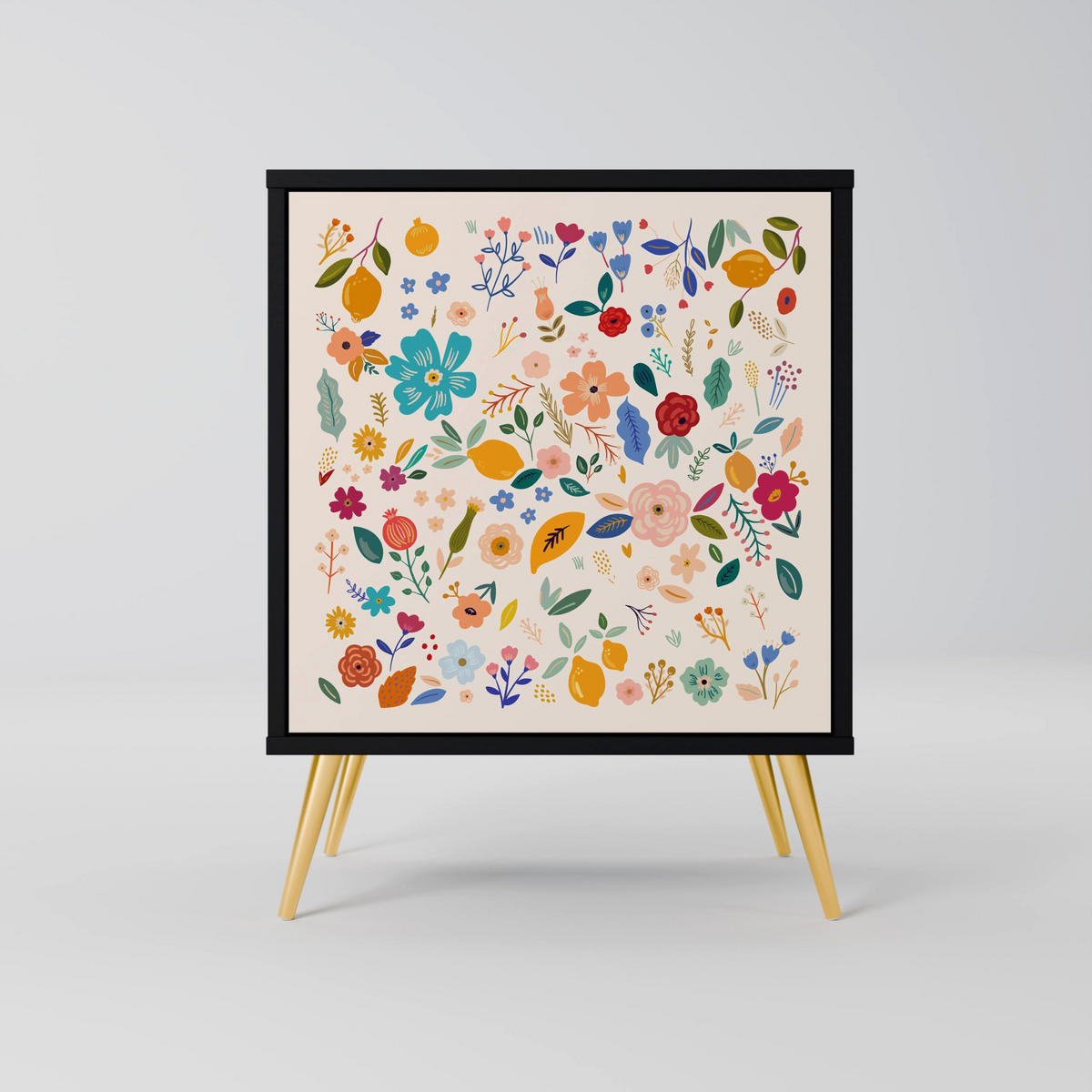 SIDEBOARD FLORAL COMBINATION, Schwarz, 57,5x42x67,5 cm, Schwarze Metall-Rahmenfüße - Multicolor/Schwarz, Holzwerkstoff/Metall (57.5/67.5/42cm) - SpaceRebels