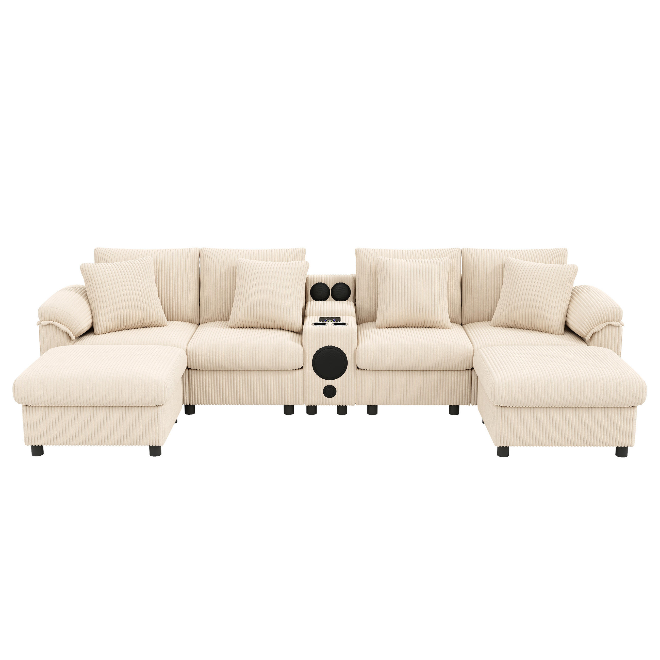WOHNLANDSCHAFT Cord Beige mit Stauraum, Bluetooth, USB und Type-C - Beige, Holzwerkstoff/Kunststoff (315.5/84.5/144cm) - WISHDOR