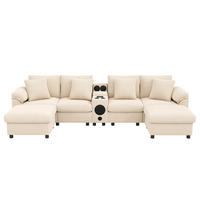 WOHNLANDSCHAFT Cord Beige mit Stauraum, Bluetooth, USB und Type-C - Beige, Holzwerkstoff/Kunststoff (315.5/84.5/144cm) - WISHDOR