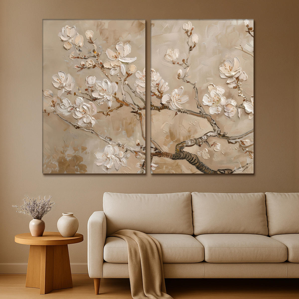 LEINWANDBILD 2er Set Beige - Blüte - Modern 240x180 cm - Greige, Textil (240/180cm) - MuchoWow