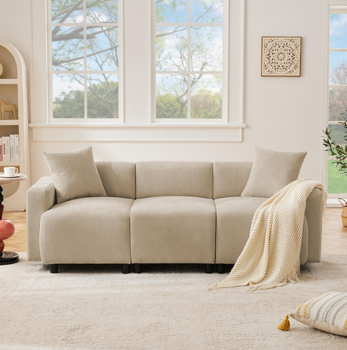 3-SITZER-SOFA aus Chenille 211x67x71 cm Beige mit 2 Kissen, extra breiter Sitzfläche und erhöhter Rückenlehne - Beige, Textil (211/71/67cm) - Modfu
