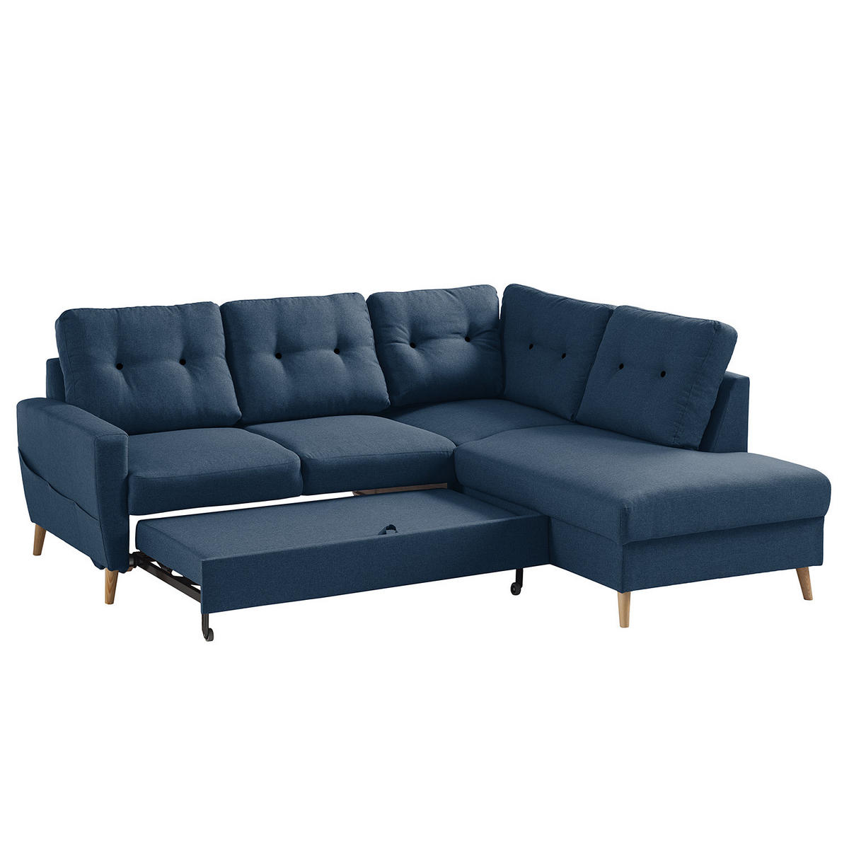 ECKSOFA mit Ottomane - Webstoff - Hellbraun/Blau, Holz/Textil (230/200cm) - home24