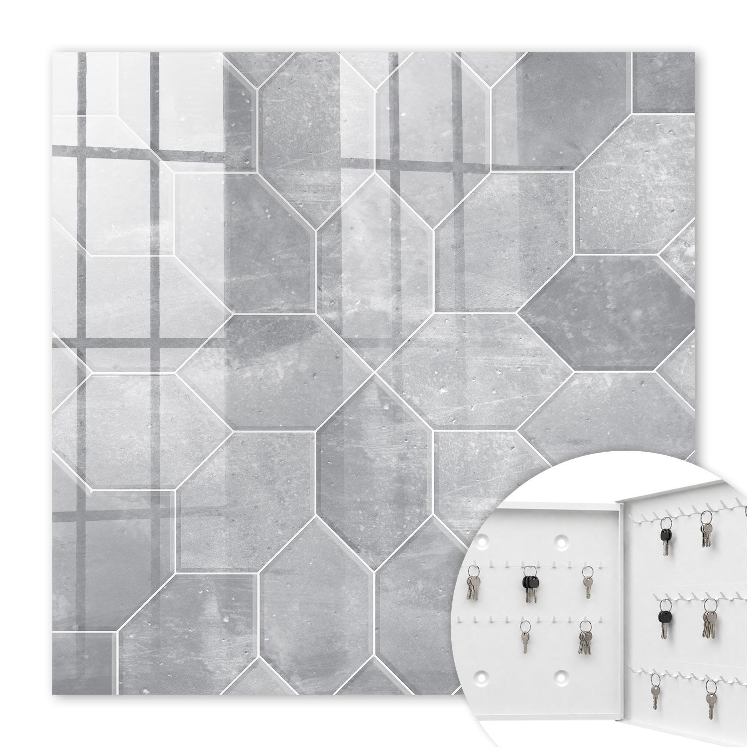 SCHLÜSSELBOX Weiß 30x30 cm – Türöffnung nach rechts - Graue Geometrie - Grau, Metall (30/30/5cm) - TULUP