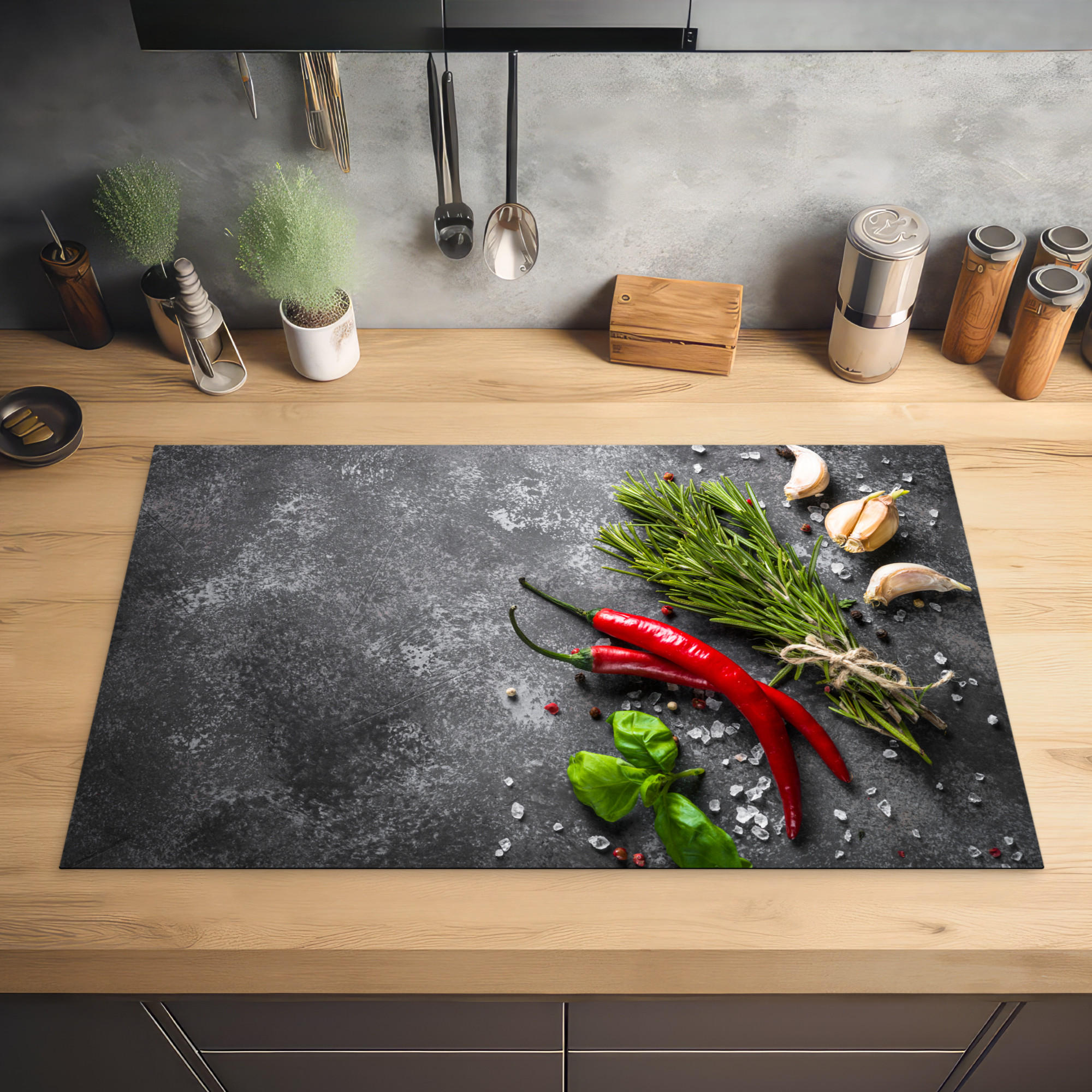 HERDABDECKPLATTE Pfeffer - Kräuter - Gewürze - Beton 83x51 cm - Rot, Kunststoff (83/0.2/51.5cm) - MuchoWow