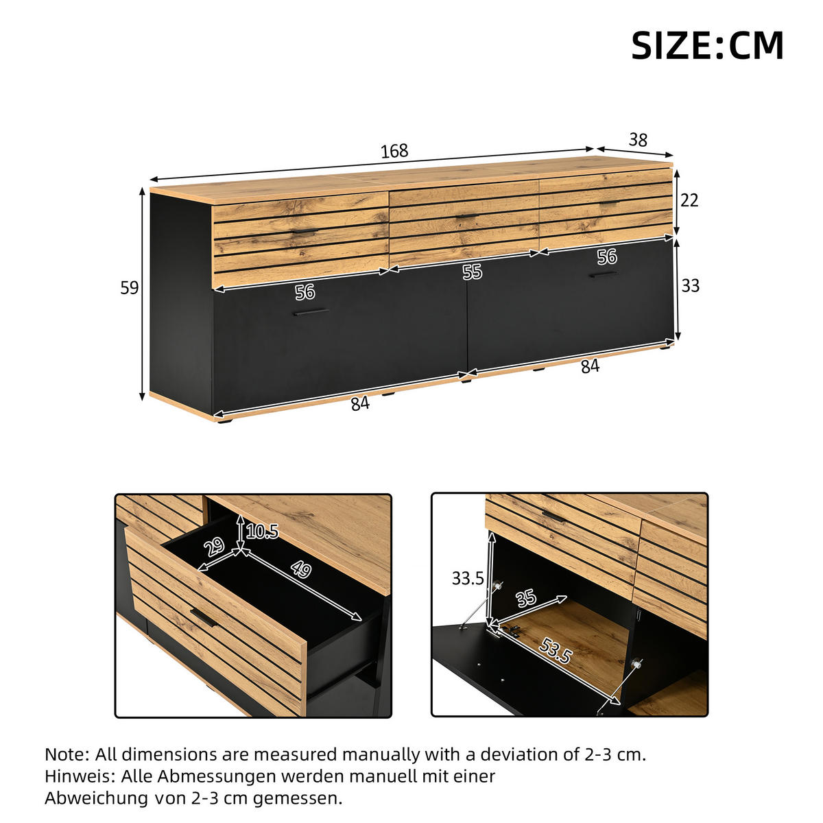 TV-ELEMENT168X38X59CM Holz-Schwarz für 65-Zoll TV mit 3 Schubladen - Naturfarben, Holz (45.01/23.01/68.5cm) - Raelunyi