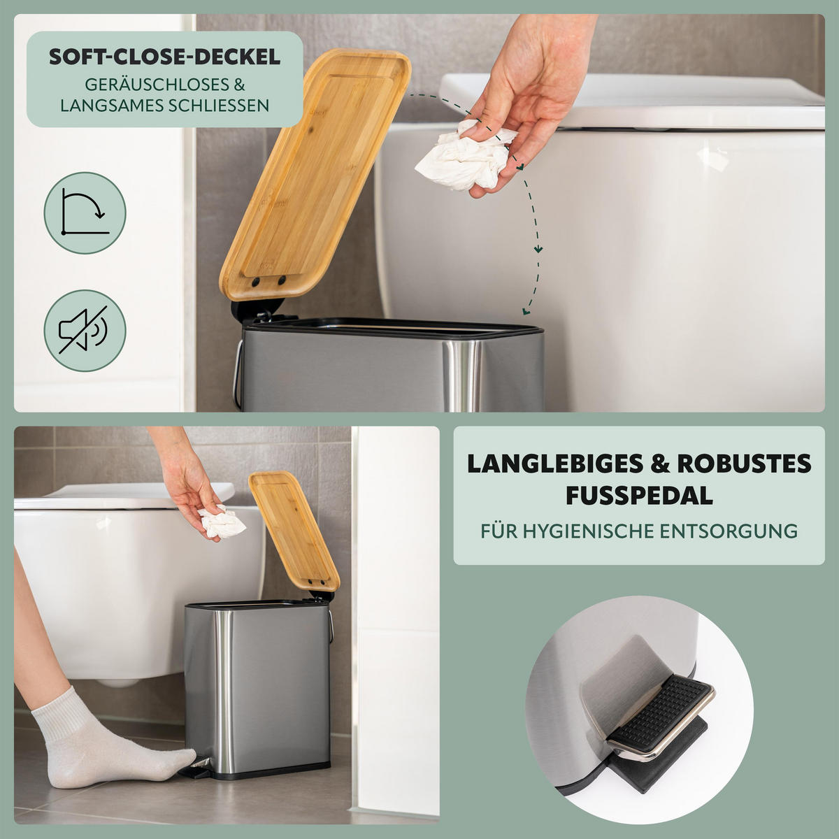 ABFALLEIMER, Edelstahl mit Bambusdeckel - Edelstahlfarben, Metall (14/28.5/30cm) - bremermann