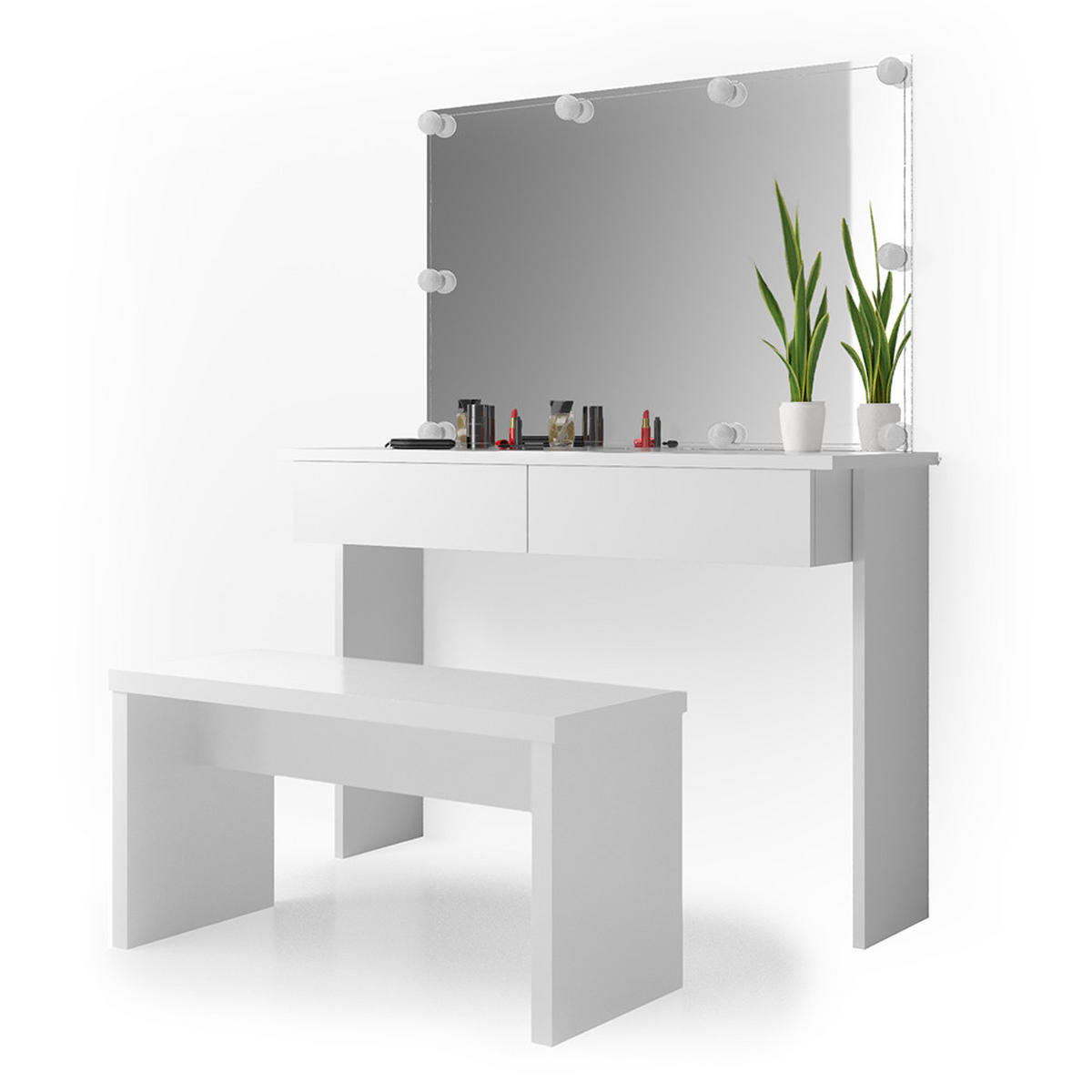 SCHMINKTISCH Azur Weiß 120 cm mit LED Beleuchtung und Bank - Weiß, Holzwerkstoff (120/83/40cm) - Vicco