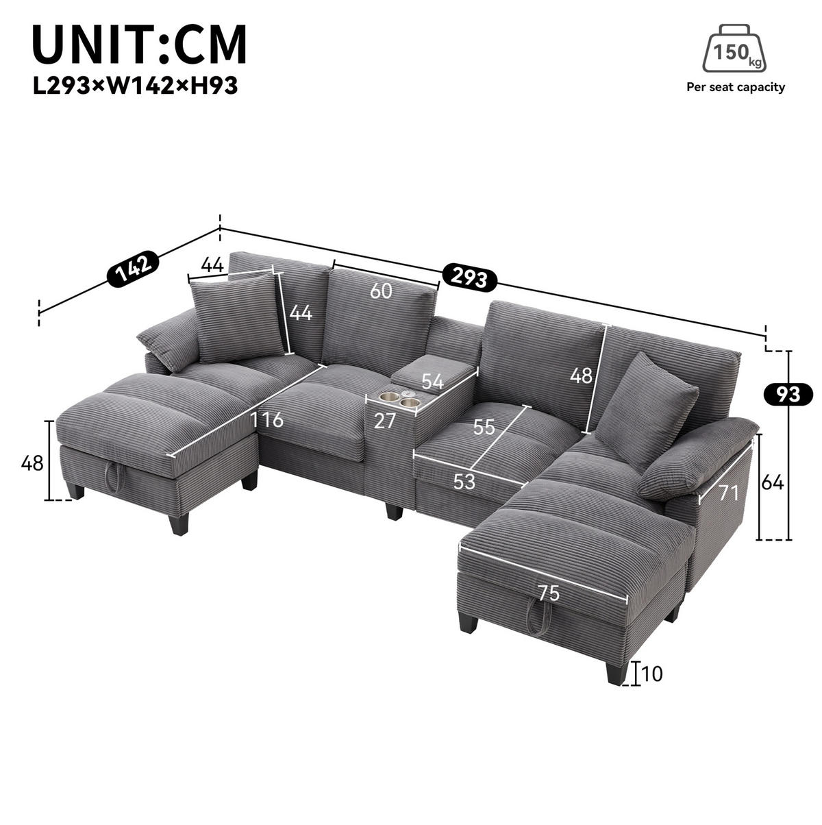 WOHNLANDSCHAFT U-Form Cord mit Stauraum und USB-Anschluss 293/142/93 cm Grau - Grau, Kunststoff/Textil (93/293/142cm) - Redom