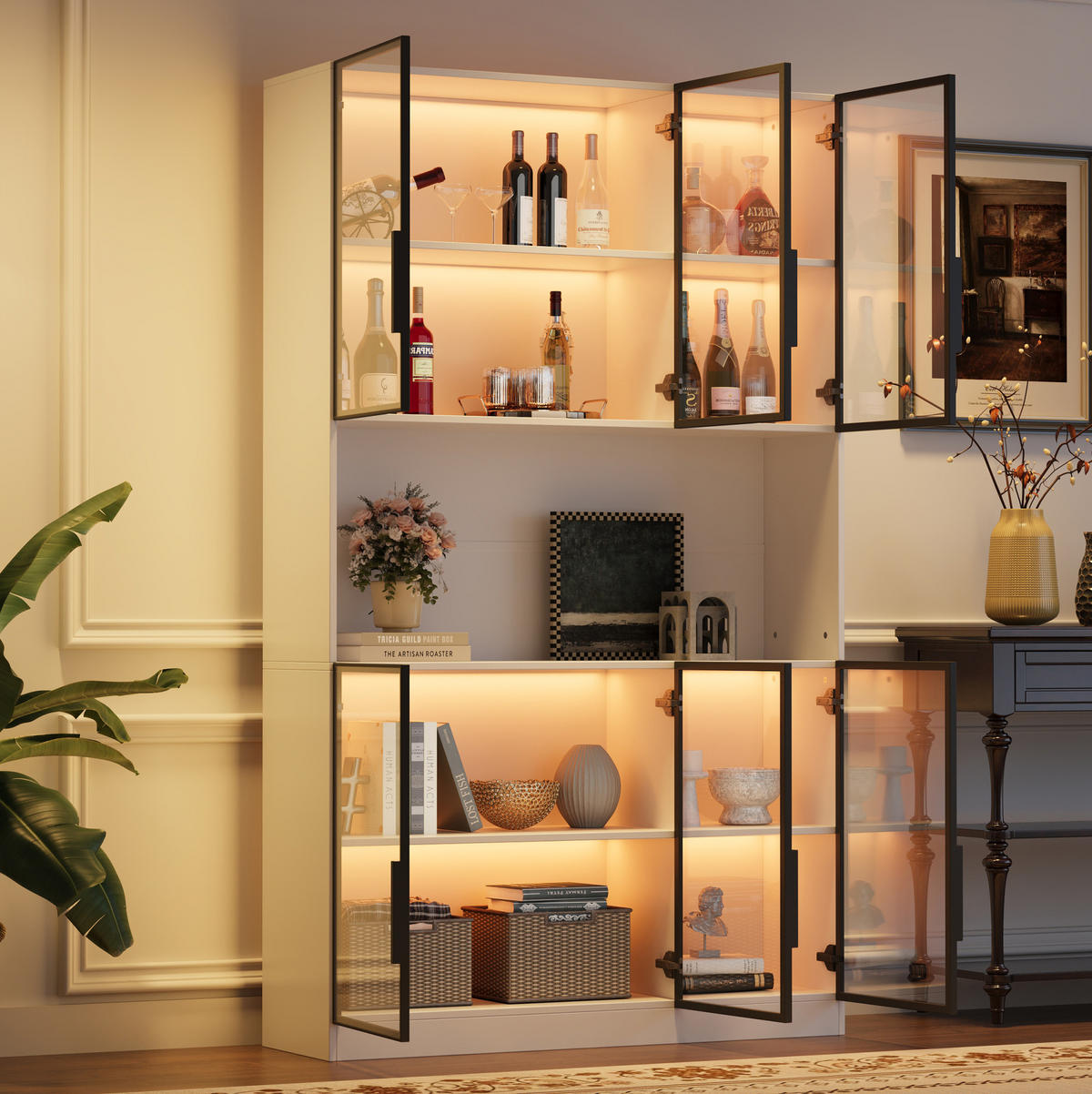 VITRINE 120/34/200 cm in Weiß mit 6 Glastüren und LED-Beleuchtung - Weiß, Holzwerkstoff (120/200/34cm) - Flora Grace