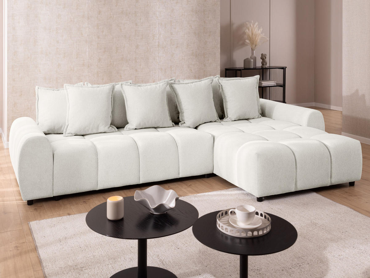 ECKSOFA Bubble mit losen Rückenkissen und Sitzfläche in Bubble-Optik aus weichem Creme Strukturstoff mit schöner Sitzkomfort - Ottomane rechts - Creme/Schwarz, Holz/Kunststoff (306/180cm) - S-Style Möbel