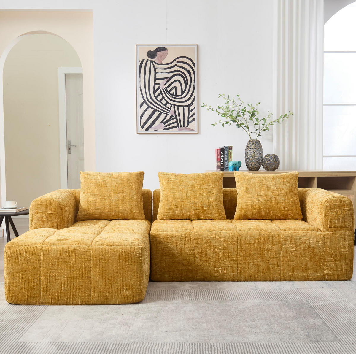 ECKSOFA 250/158/60 cm gelb aus Chenille mit Chaiselongue und Seitentaschen - Gelb, Textil (250/158cm) - OKWISH