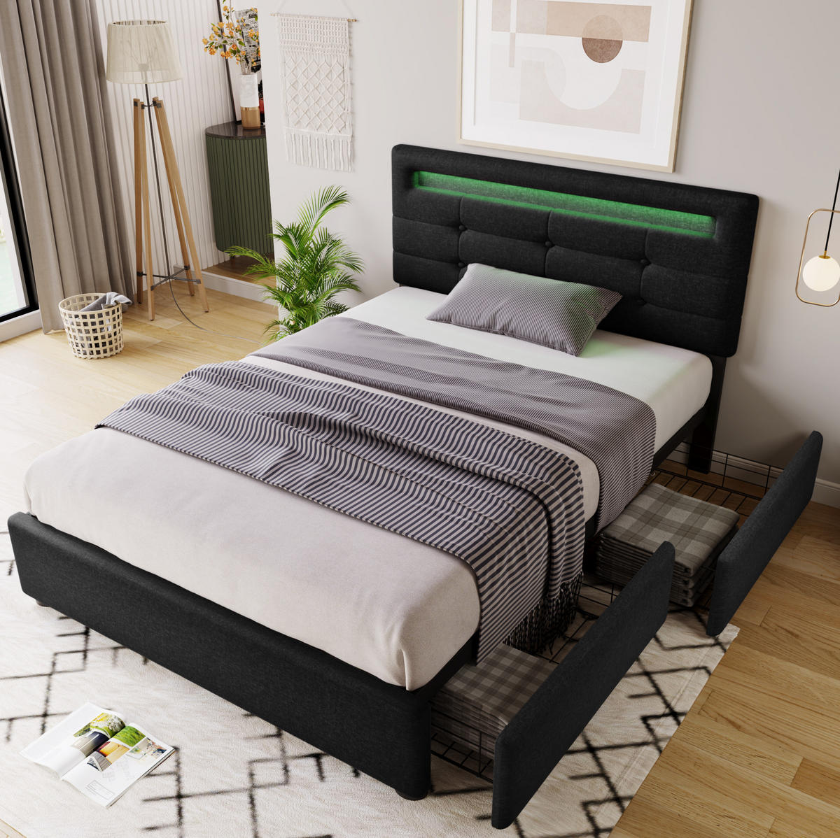 BETT mit LED-Beleuchtung und 2 Schubladen 90x200 cm Schwarz - Schwarz, Metall (90/200cm) - Meubliv
