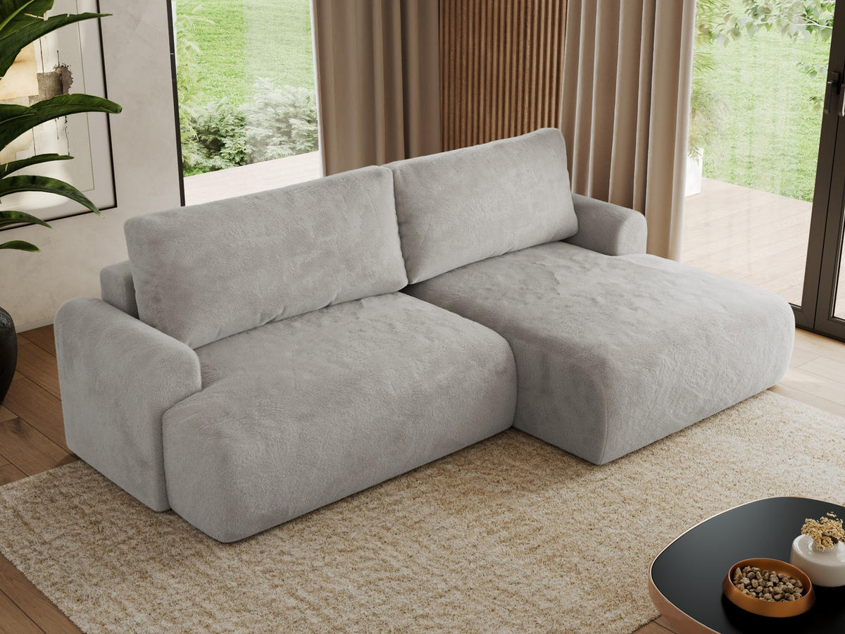 ECKSCHLAFSOFA TONO L Hellgrau Plüsch - rechts - Hellgrau/Schwarz, Kunststoff/Textil (150/260cm) - MKS