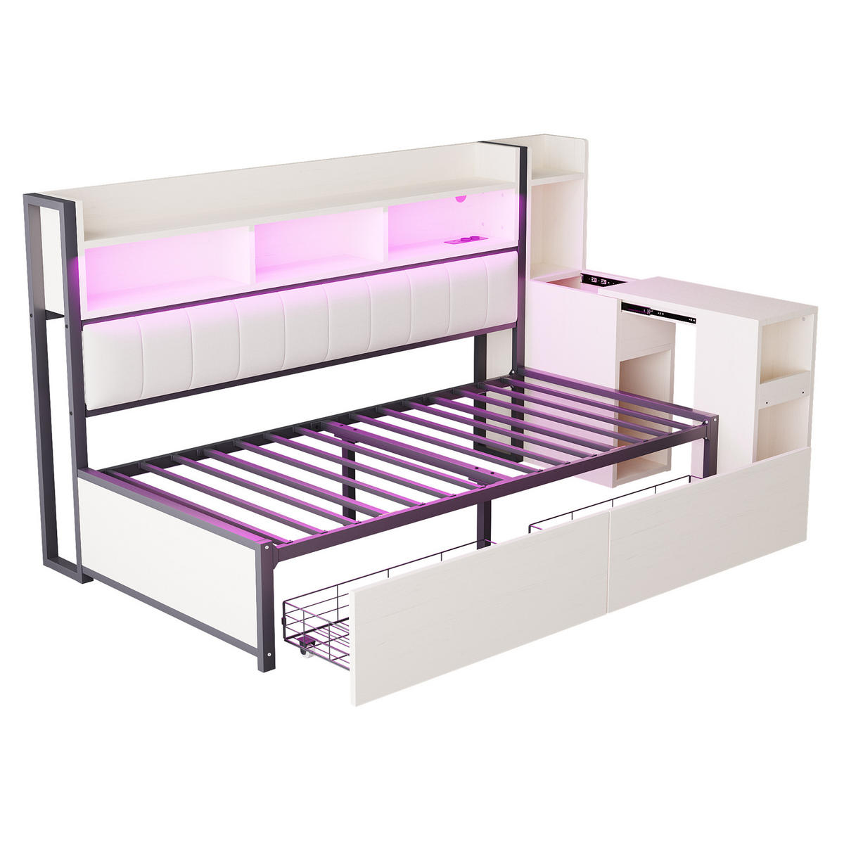 MULTIFUNKTIONSBETT aus Metall und Holz 90x200 cm Weiß/Holzfarbe mit Schreibtisch, Steckdosen, LED und viel Stauraum - Weiß, Metall (90/200cm) - Modfu