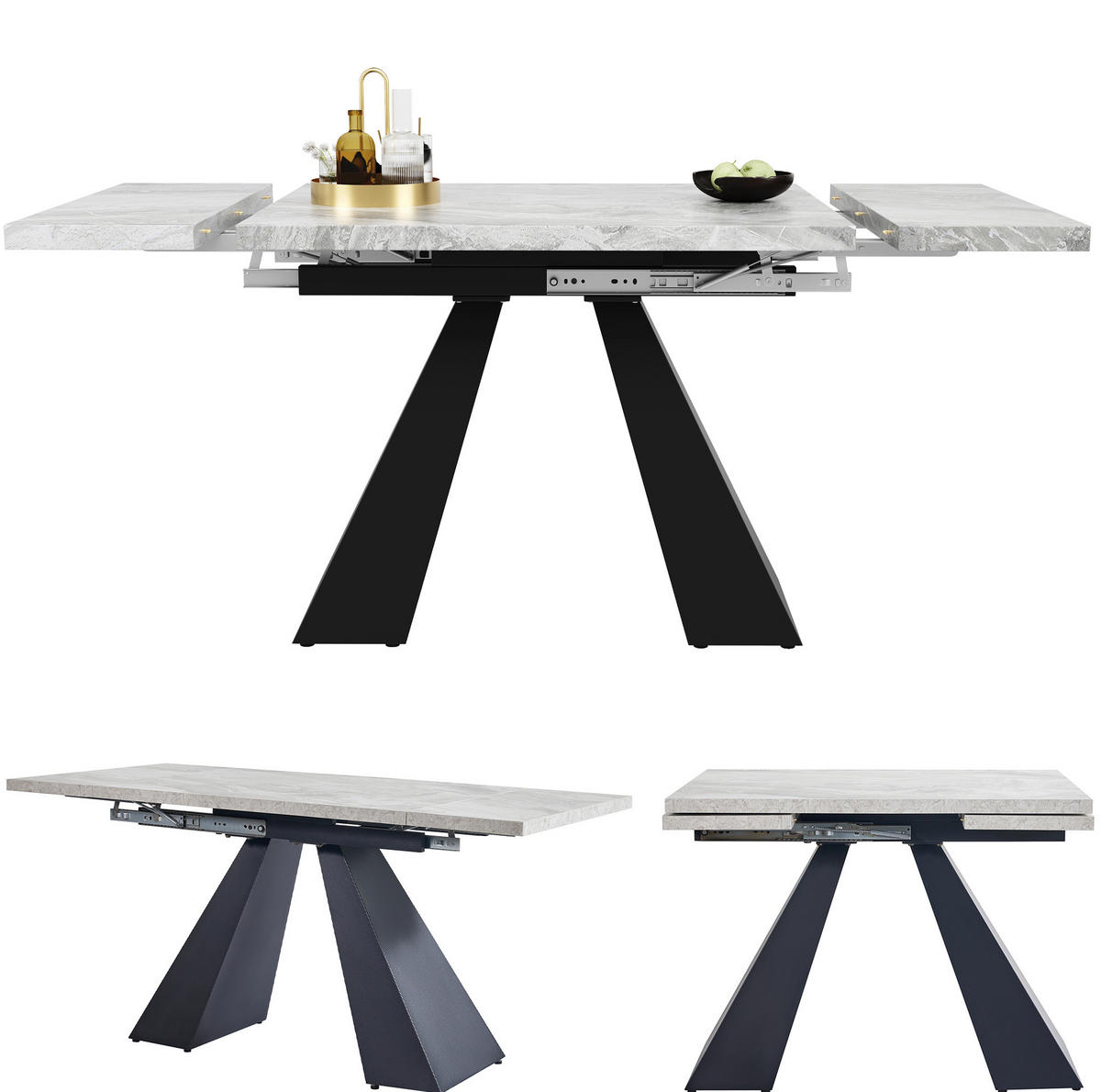 ESSTISCH 99-159/74/77 cm ausziehbar mit Metallschienen und Marmoroptik, Schwarz/Grau - Schwarz, Holzwerkstoff (159/74/77cm) - Redom