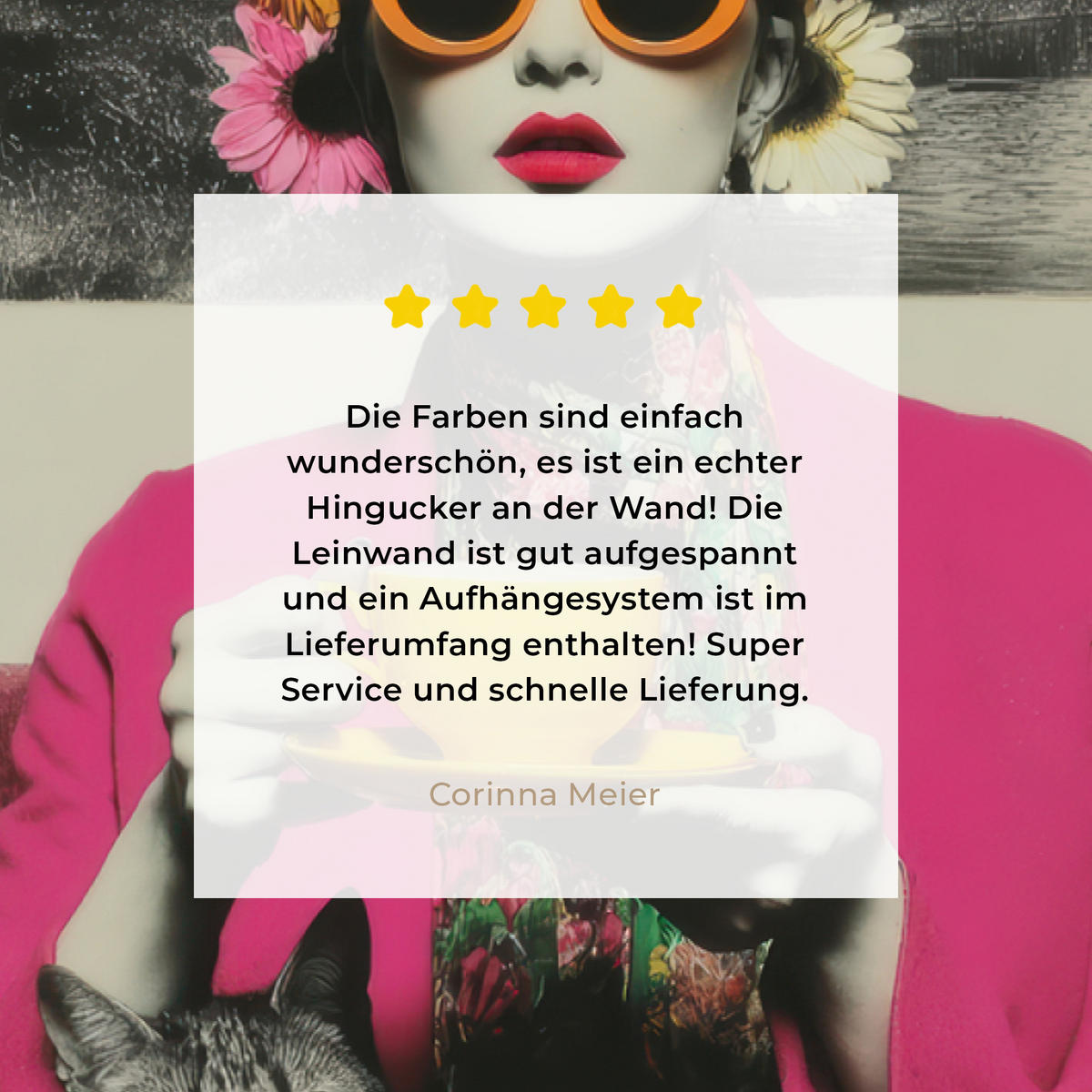 LEINWANDBILD Frau - Katze - Blumen - Tasse - Retro Groß 140x90 cm - Magenta, Textil (140/90cm) - MuchoWow