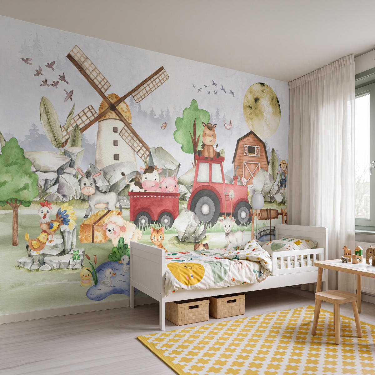 KINDERTAPETE - Bauernhof - Traktor - Kinder - Tiere - 350x240 cm - Weiß, Papier (350/240cm) - OnlyWow