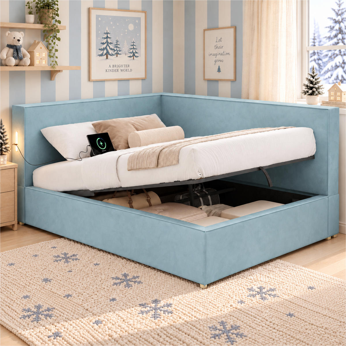 DAYBETT 140x200 cm, Blau, Samt, LED, USB/Typ-C - Blau, Textil (140/200cm) - FLIEKS