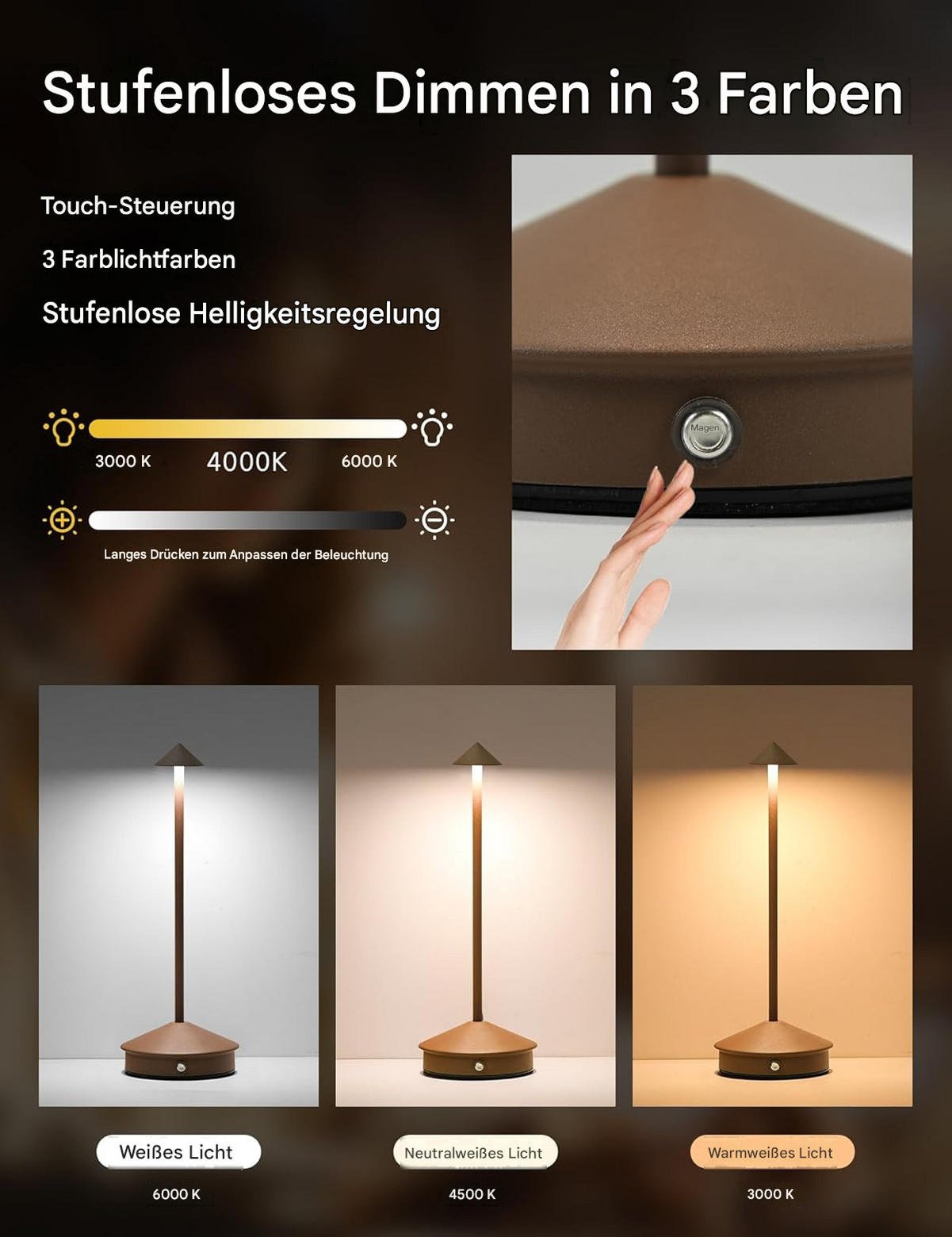 TISCHLEUCHTE USB LED Braun Druckdimmbar - Braun, Metall (11/11/31cm) - Weltevree