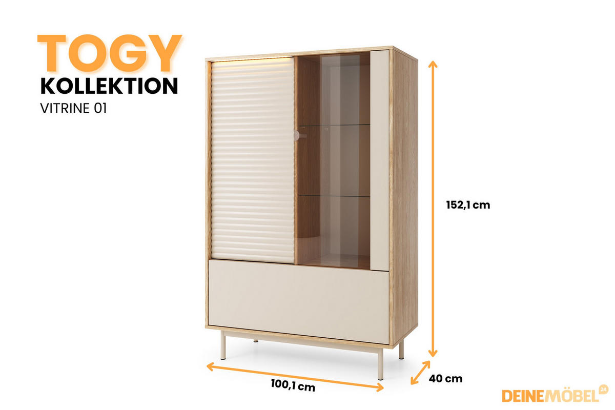 VITRINE TOGY 01 100 cm breit in Kaschmir / Geölter Eiche mit geriffelten Fronten - Kaschmir/Eichefarben, Holzwerkstoff (101/152/40cm) - Deine Möbel 24