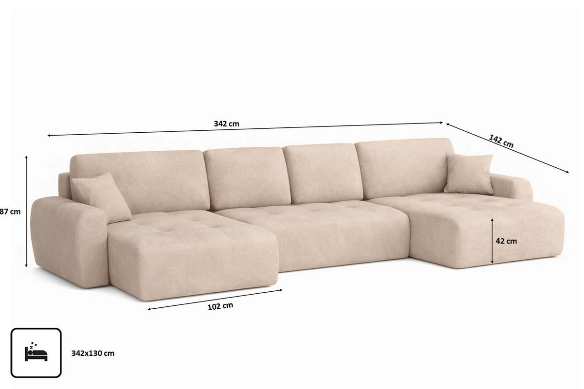 ECKSOFA Mit Schlaffunktion Und Bettkasten U-Form Ivo U, Veloursstoff Salvador, Beige - Beige, Holz (342/142cm) - Kaiser Möbel