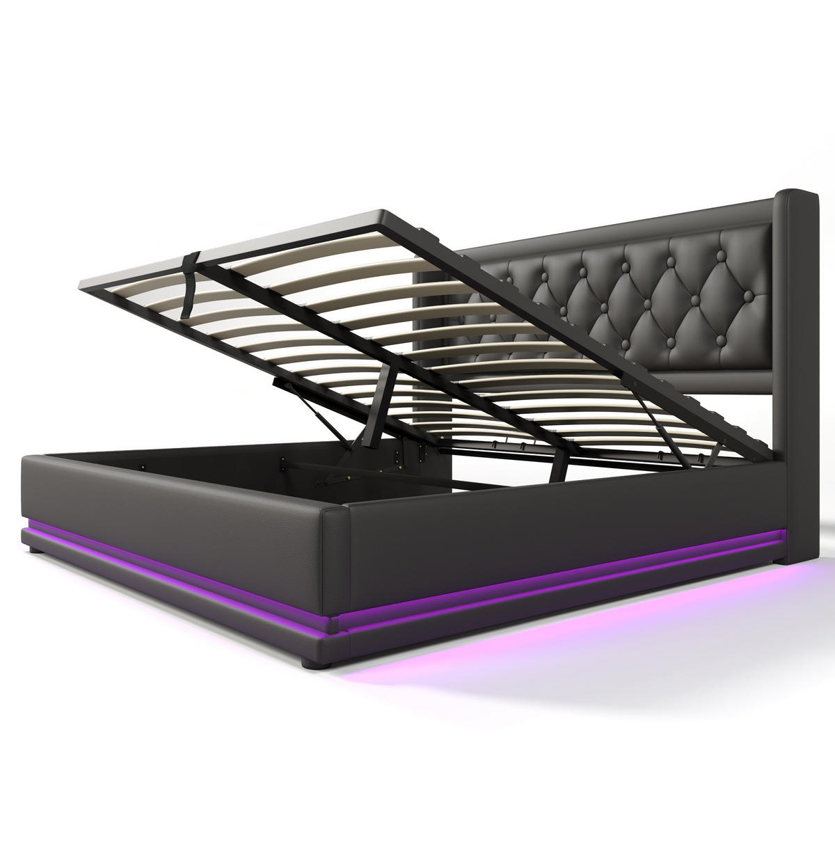 POLSTERBETT 140/200 cm mit hydraulischem Bettkasten, LED-Beleuchtung & USB/Typ-C, PU schwarz - Schwarz, Kunststoff (140/200cm) - Redom