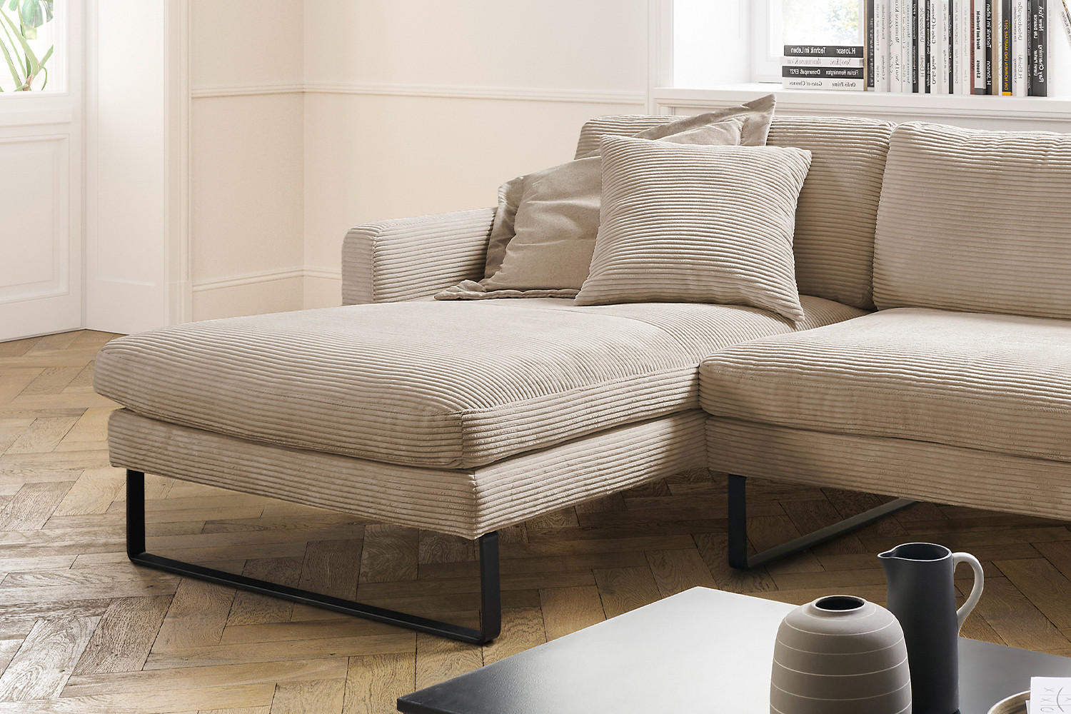 ECKSOFA RICARDA Taupe Cord - Taupe/Schwarz, Textil/Metall (298/154cm) - KAWOLA