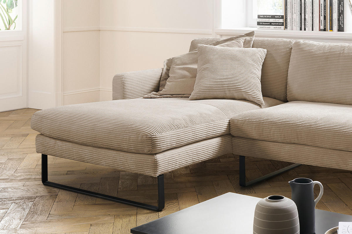 ECKSOFA RICARDA Taupe Cord - Taupe/Schwarz, Textil/Metall (298/154cm) - KAWOLA