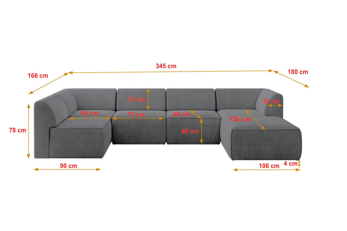 WOHNLANDSCHAFT Ottomane Rechts MOVA 345x180x78 Dunkelgrau Cord - Dunkelgrau/Anthrazit, Holzwerkstoff/Kunststoff (345/78/180cm) - ALTDECOR