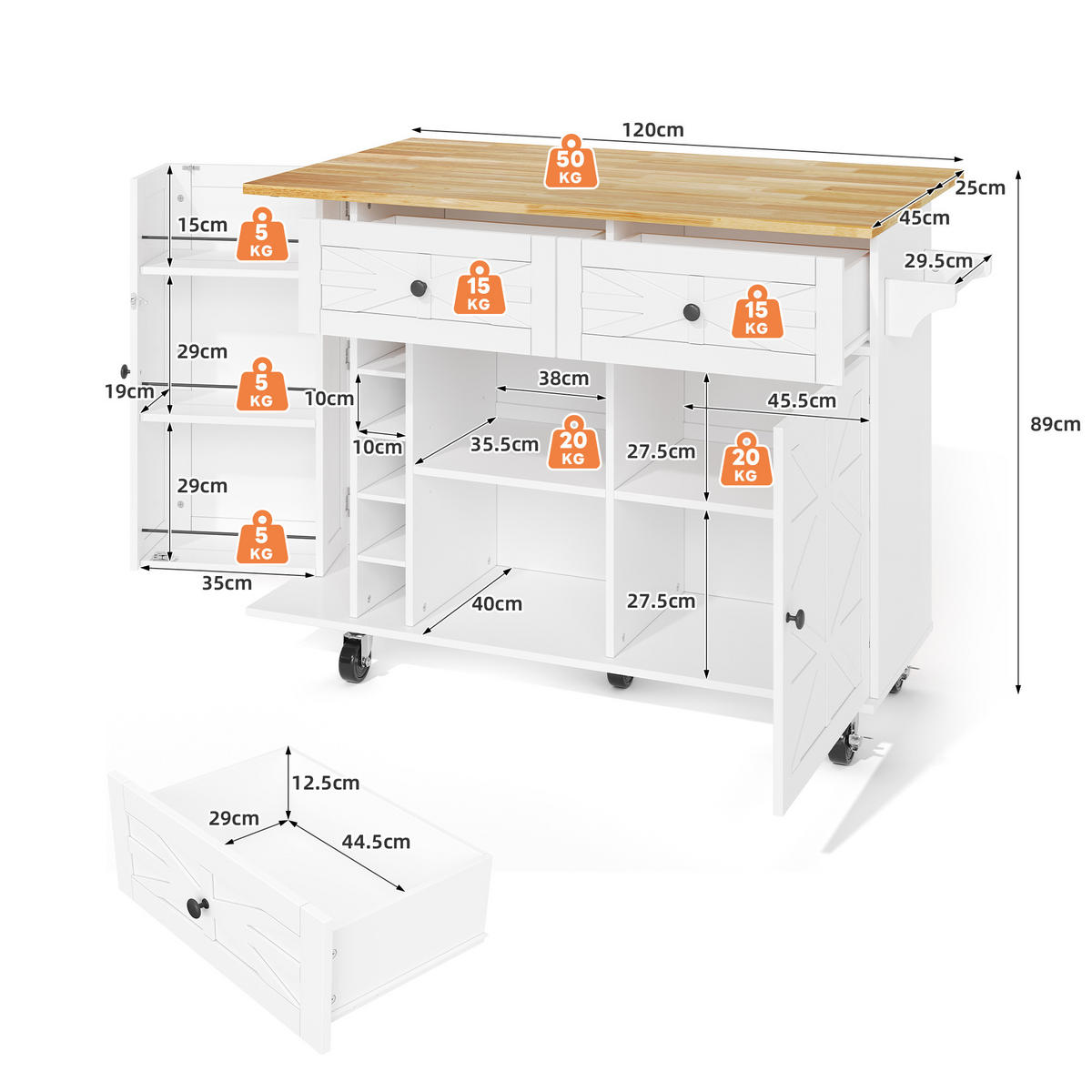 KÜCHENINSEL 120x70x89cm Weiß mit Klappplatte,Schubladen,Weinregal & Rollen - Weiß, Holzwerkstoff (120/89/70cm) - Modfu