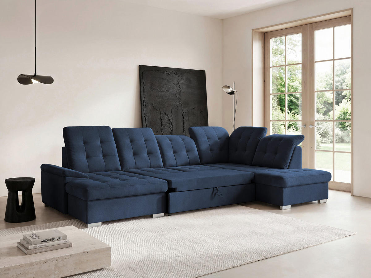 WOHNLANDSCHAFT ANON Ottomane Rechts, mit Schlaffunktion und Bettkasten, Dunkelblau - Dunkelblau, Kunststoff/Textil (322/87/220cm) - Idohome