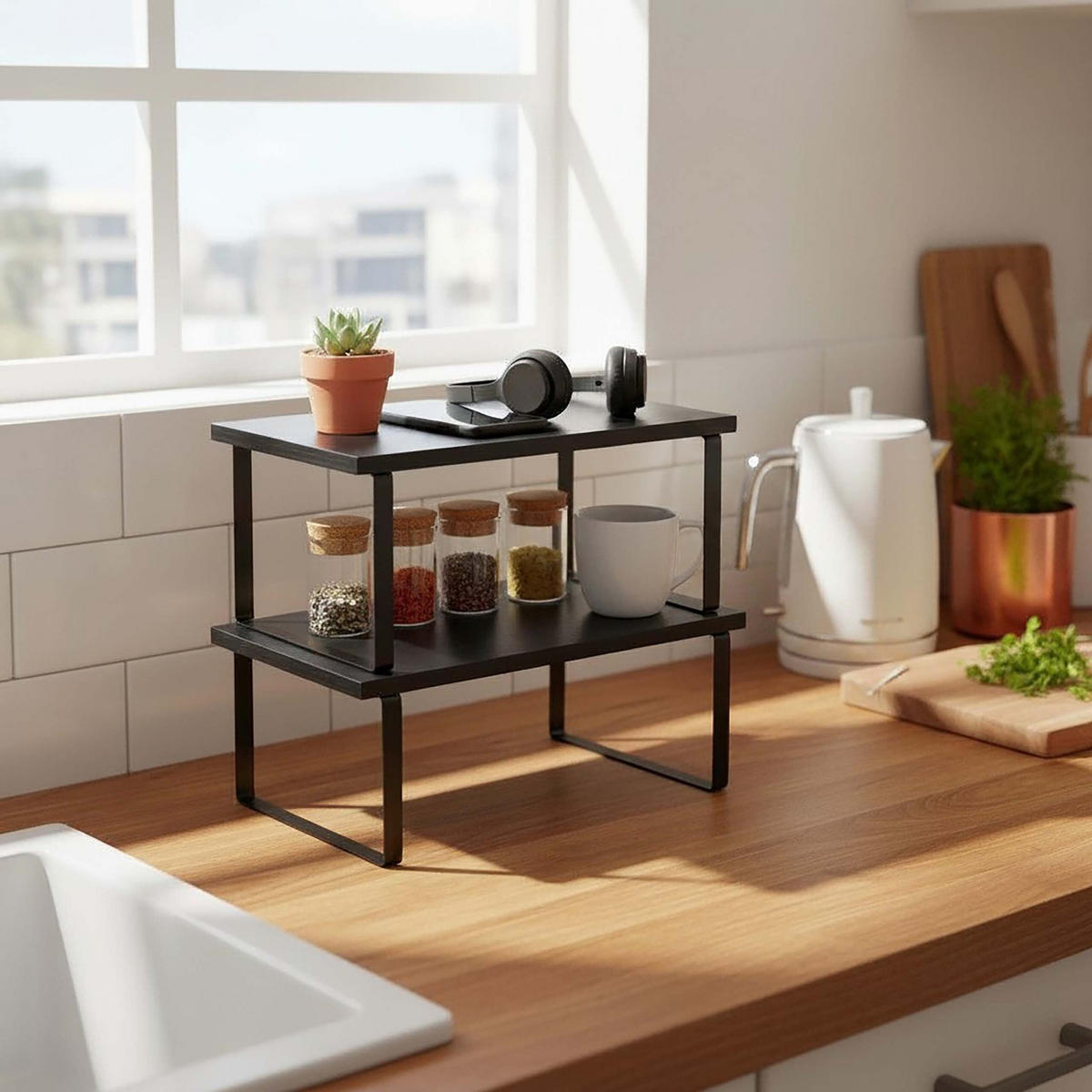 GEWÜRZREGAL Schwarz 2er-Set stapelbar MDF Eisen 60 cm - Schwarz, Holz/Metall (29.5/15.5/30cm) - Relaxdays