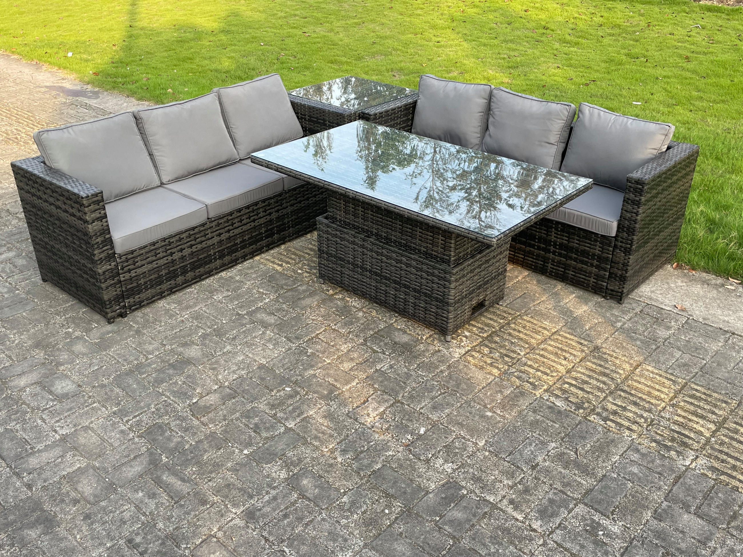 SITZGRUPPE Polyrattan 6-Sitzer - Dunkelgrau/Grau, Glas/Kunststoff - Fimous