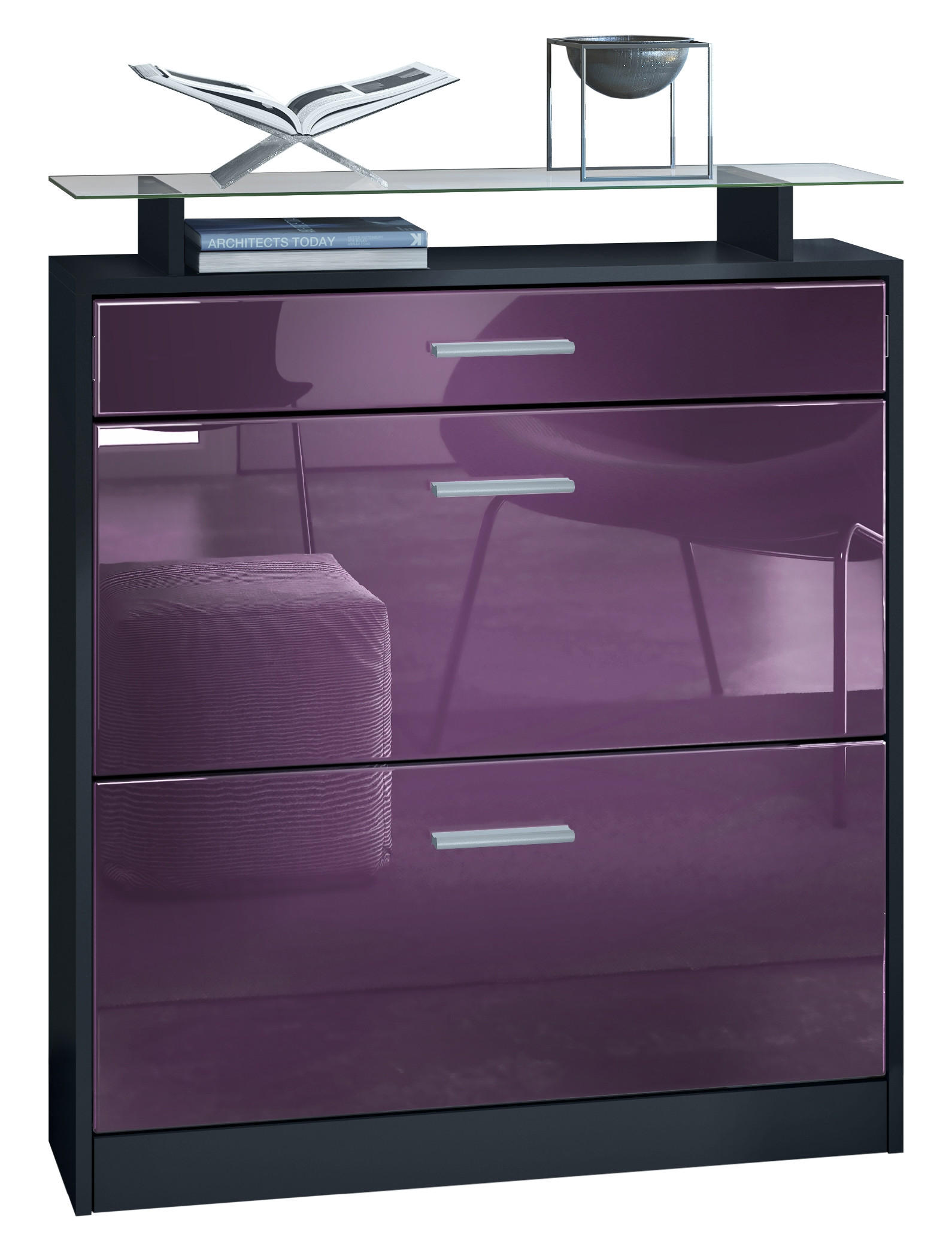 SCHUHSCHRANK Loret Front in Brombeer Hochglanz - Brombeere, Holzwerkstoff (89/104/23cm) - Vladon