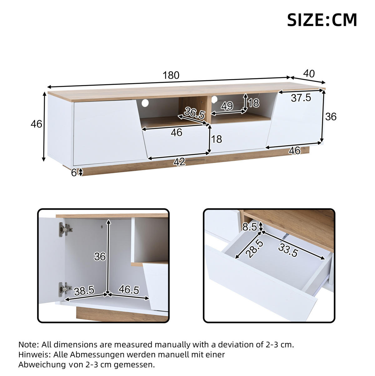 TV-SCHRANK mit LED 180 x 40 x 46 cm Hochglanz Weiß Holzoptik - Weiß, Holzwerkstoff (40/46/180cm) - Beauniv