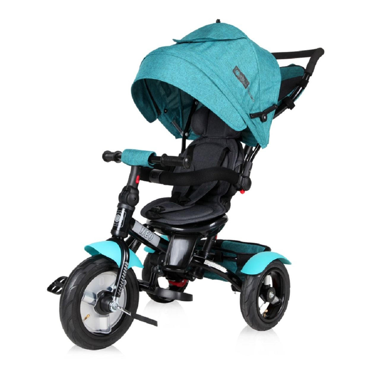 DREIRAD Neo 4 in 1 schwarz hellgrün Luftreifen, Schiebestange, Sitz drehbar, verstellbar - Türkis, Metall (120/55/104cm) - Lorelli