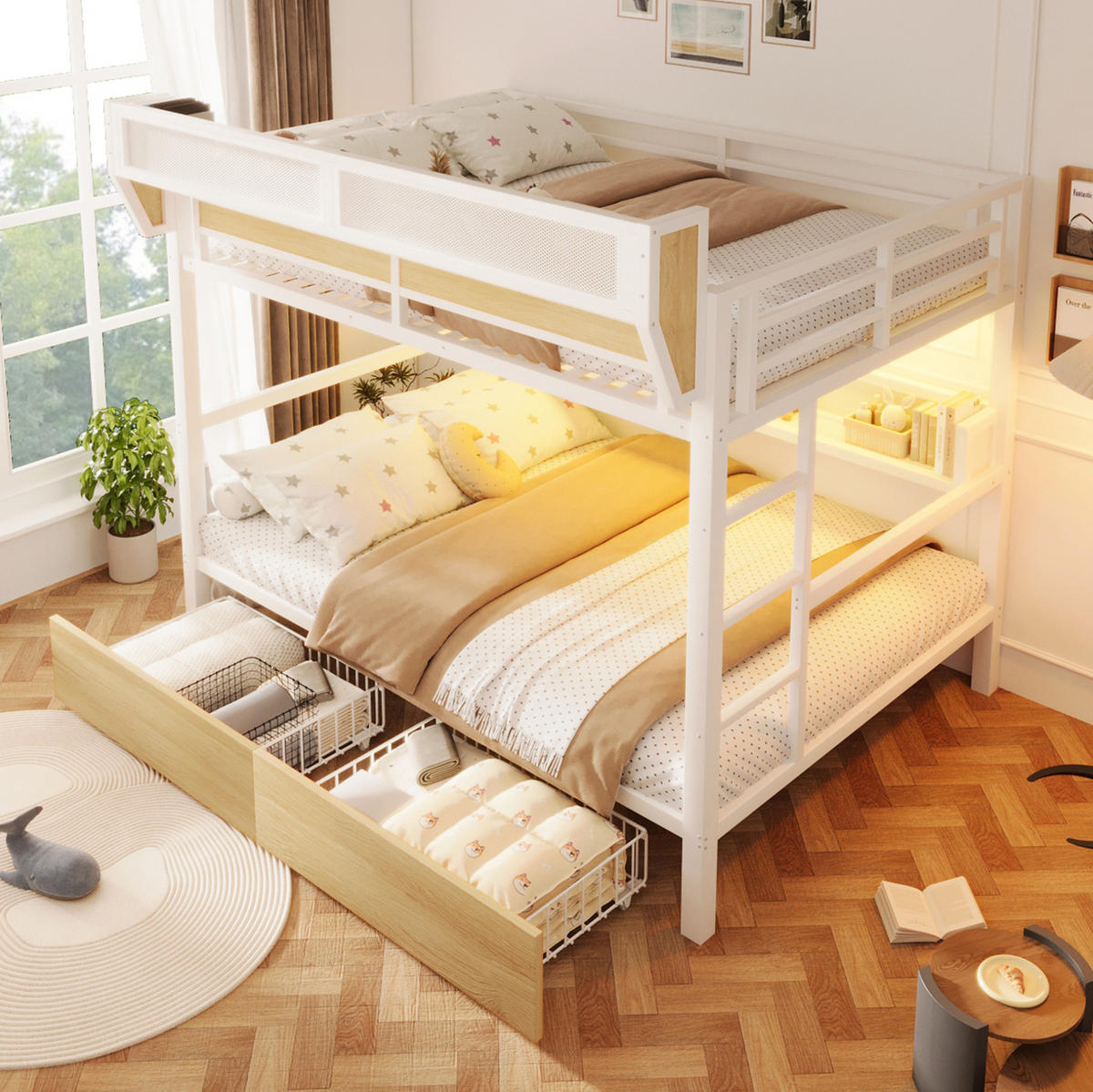 HOCHBETT aus Metall und MDF 140x200 cm Weiß mit Stauraum, Schubladen und LED-Beleuchtung - Weiß, Holzwerkstoff (140/200cm) - Modfu