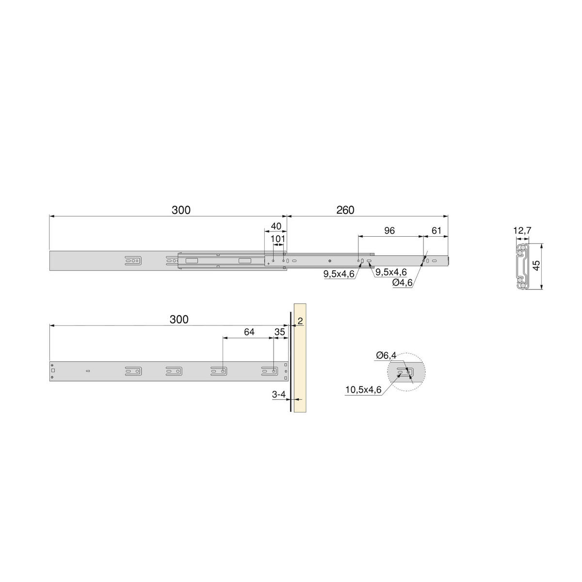 KUGELFÜHRUNGEN Höhe 45mm, Tiefe 300mm, Vollauszug, mit Push, mit Schließautomatik, Verzinkt 5er-set - Zinkfarben, Metall (10/8/32cm) - EMUCA