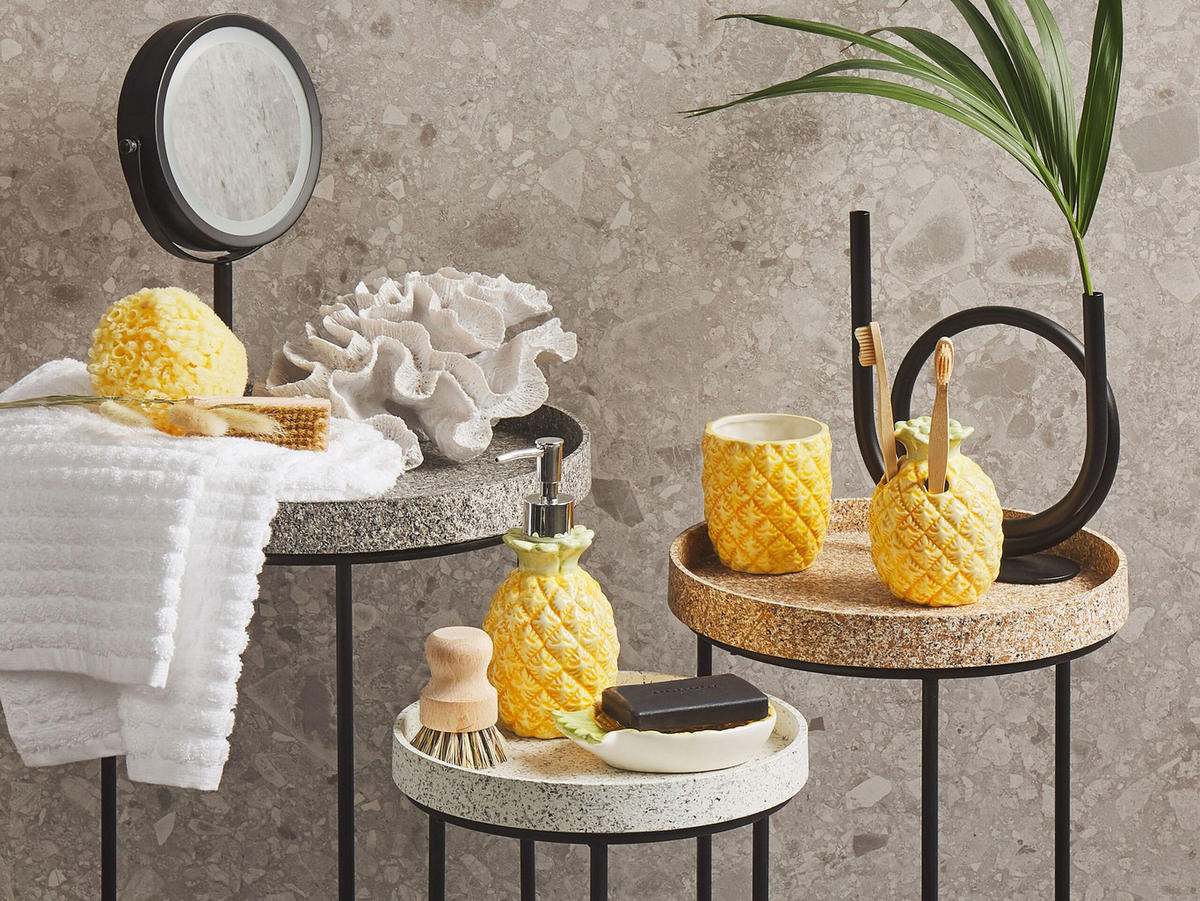 BADEZIMMER Set 4-teilig Keramik Ananasmotiv gelb Maicao - Gelb/Grün, Stein (10/20/10cm) - Beliani
