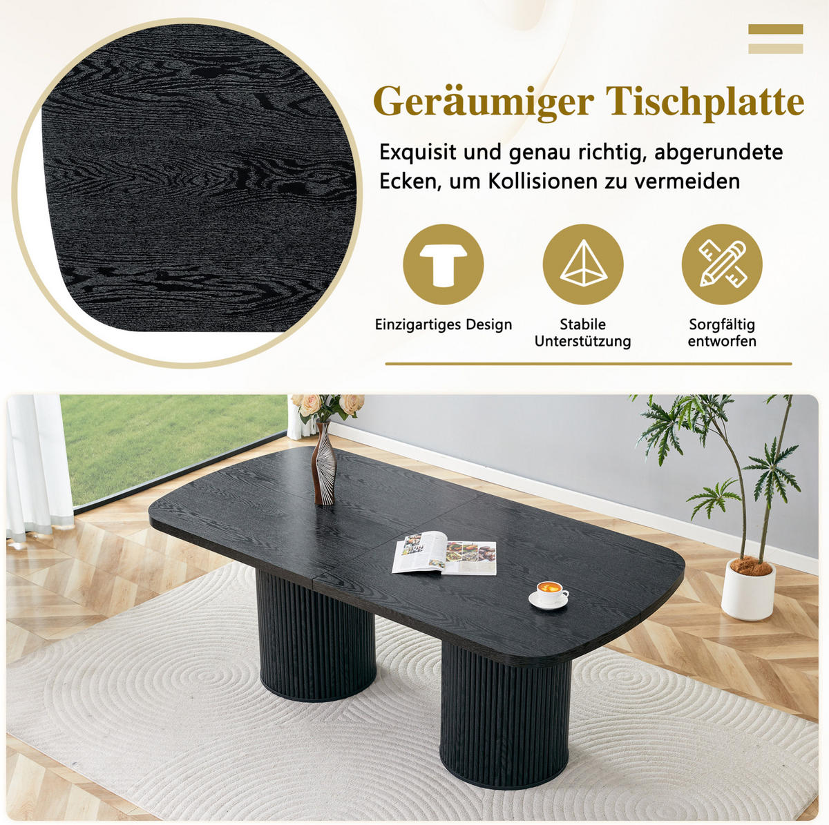 ESSTISCH in Schwarz mit ovaler Tischplatte und geriffeltem Säulenfuß,180/90/76 cm - Schwarz, Holzwerkstoff (90/180/76cm) - BEAOK