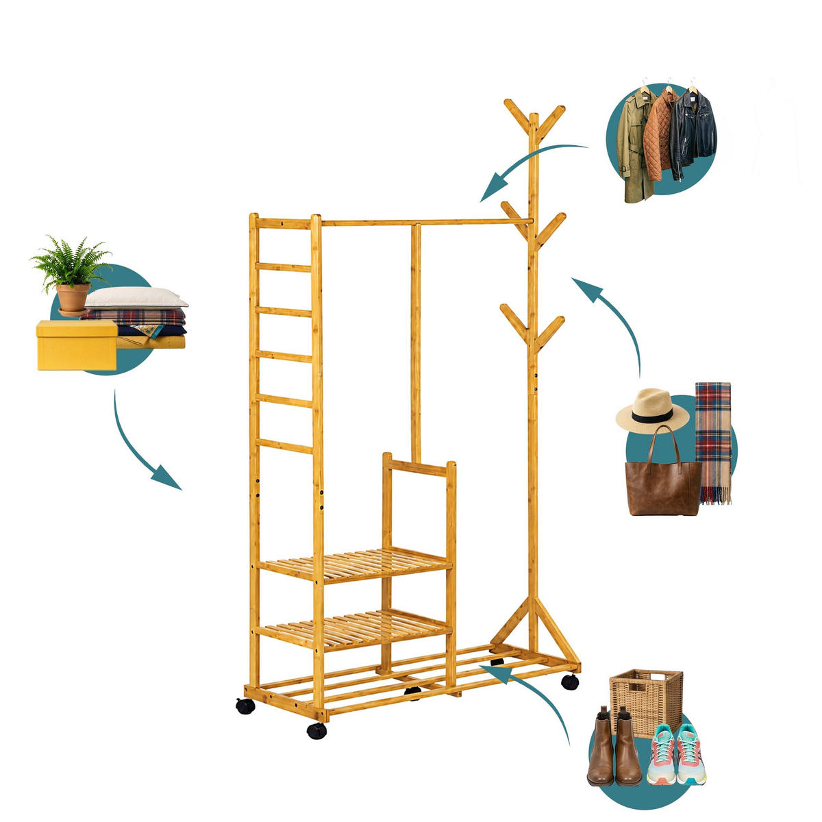 KLEIDERSTÄNDER Natur Bambus mit Rollen 6 Haken 4 Ablagen 176 cm - Hellbraun, Holz/Kunststoff (100/176/38cm) - Relaxdays