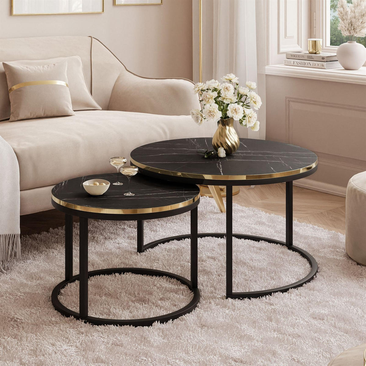 COUCHTISCH Set SOLEIL 2in1, rund, Schwarz Marmor-Optik und Schwarz Gestell - Schwarz, Holzwerkstoff (70/70/48cm) - Lookway