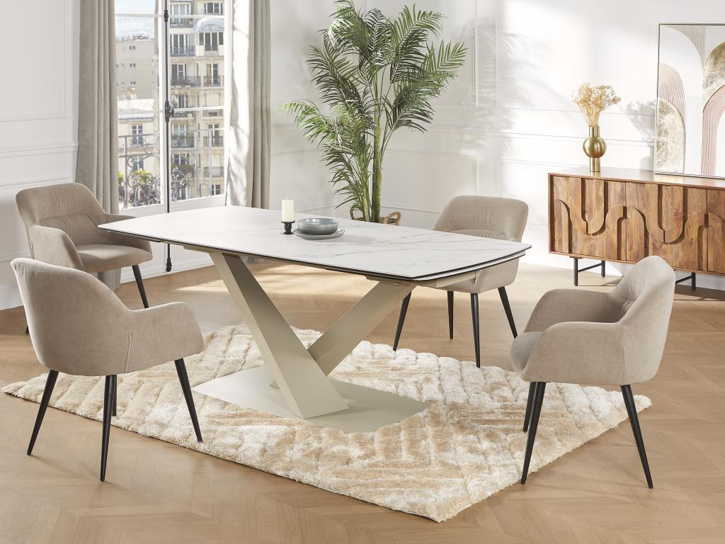 ESSTISCH ausziehbar - 6 bis 10 Personen - Sicherheitsglas, Keramik & Metall - Marmor-Optik Weiß & Beige - MALATA - Beige, Keramik (260/90/76cm) - Vente-Unique