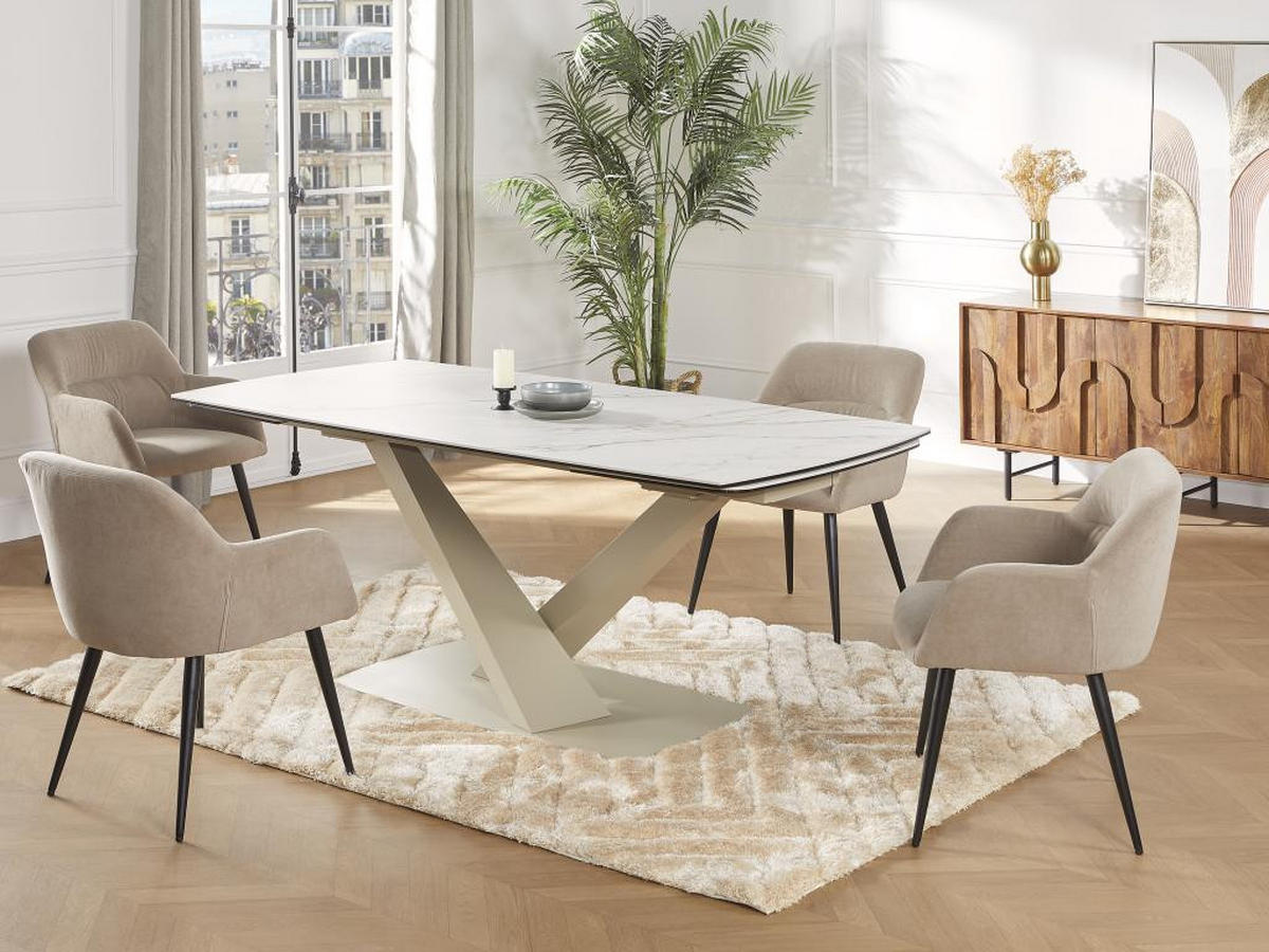 ESSTISCH ausziehbar - 6 bis 10 Personen - Sicherheitsglas, Keramik & Metall - Marmor-Optik Weiß & Beige - MALATA - Beige, Keramik (260/90/76cm) - Vente-Unique
