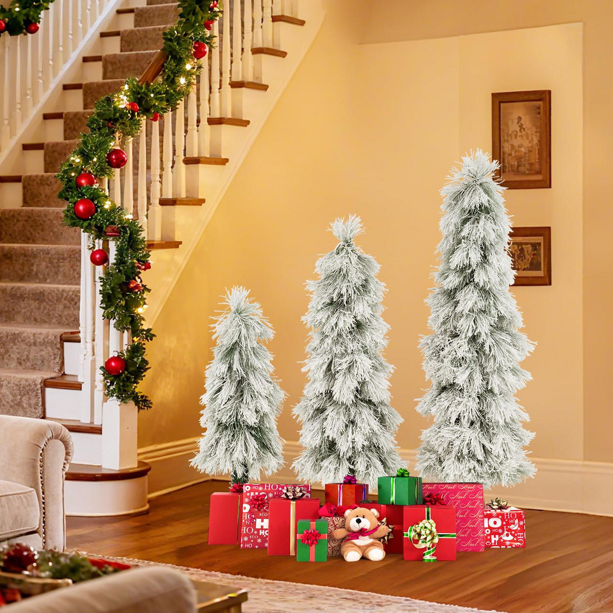 WEIHNACHTSBAUM Tannenform mit warmweißer Beleuchtung und Schnee 90/120/150 cm weiß - Weiß, Metall (150cm) - COSTWAY