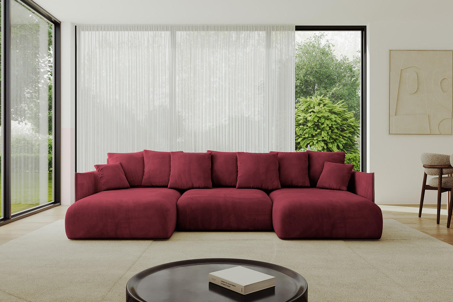 WOHNLANDSCHAFT mit Schlaffunktion und Bettkasten ONESK-U 317x177x72 Bordeauxrot Velours - Bordeaux, Holzwerkstoff/Kunststoff (317/72/177cm) - ALTDECOR