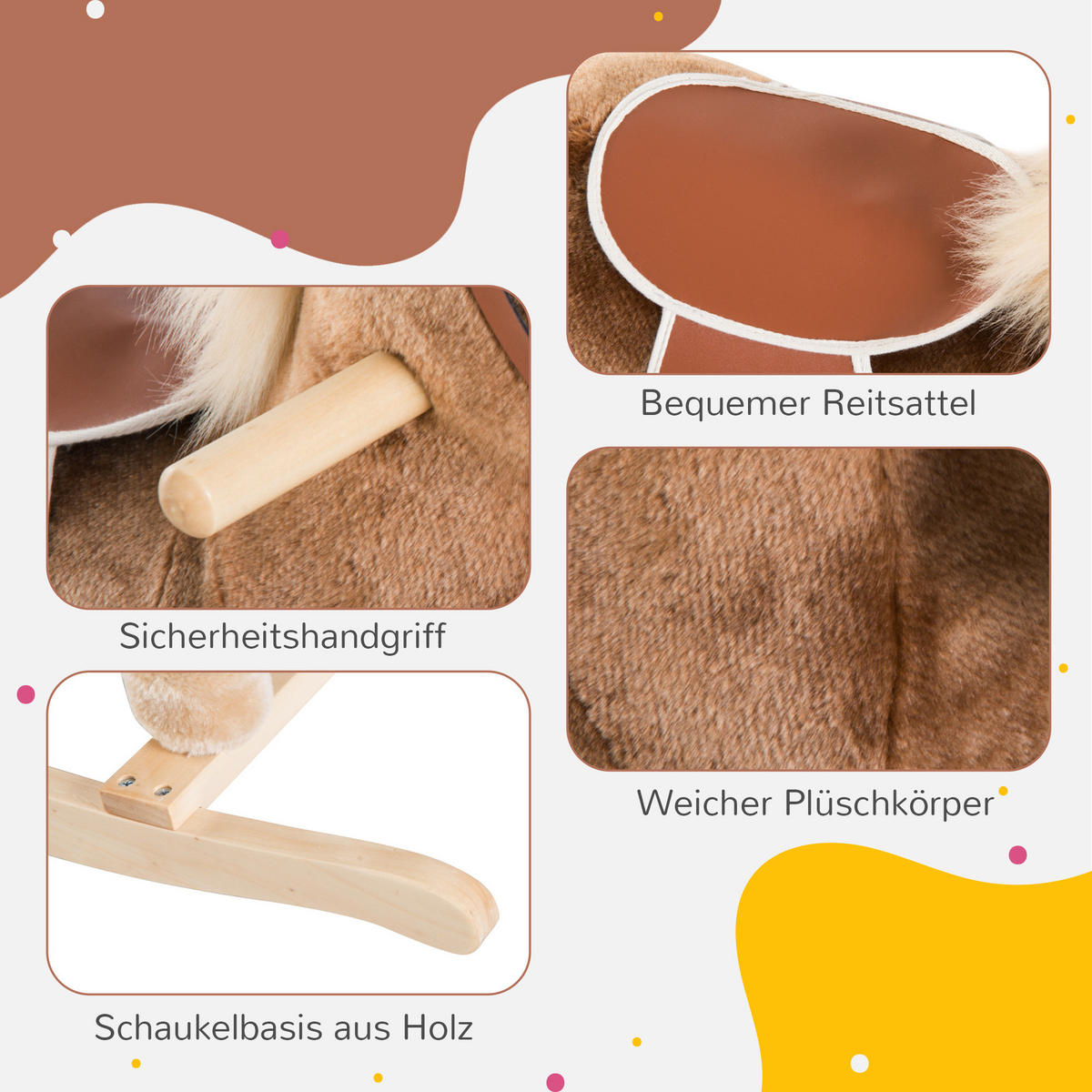 KINDER SCHAUKELTIER, Braun, Plüsch+ Pappel - Braun, Holz (33/62/74cm) - HOMCOM